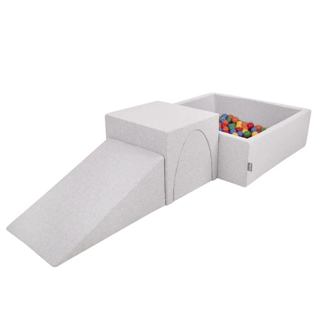 KiddyMoon Piankowy plac zabaw PPZP-KW30D-124 z piłeczkami Zabawka plac zabaw, jasnoszary: żółty-zielony-niebieski-czerwony-pomarańcz