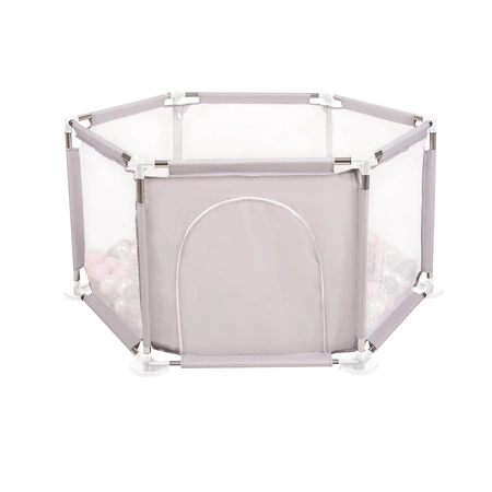 Sześciokąt składany KS-100X z piłeczkami 6cm Zabawka kojec, szary: perła-szary-transparent-pudrowy róż