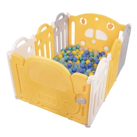 Kojec plastikowy KS-200X z piłeczkami Zabawka boks, biało-żółty: turkus-niebieski-żółty-transparent