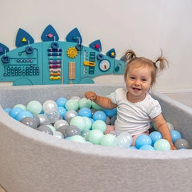 KiddyMoon Suchy basen trójkątny z piłeczkami 7cm Zabawka basen piankowy, jasnoszary: perła-szary-transparent-babyblue-mięta