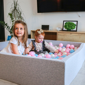 KiddyMoon Suchy basen kwadratowy z piłeczkami 7cm 120x30 Zabawka basen piankowy, jasnoszary: babyblue-pudrowy róż-perła