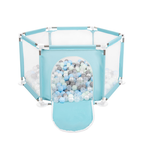Sześciokąt składany KS-100X z piłeczkami 6cm Zabawka kojec, miętowy: perła-szary-transparent-babyblue-mięta
