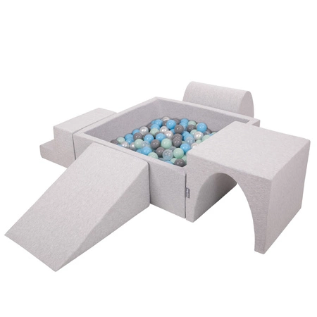KiddyMoon Piankowy plac zabaw PPZP-KW30D-125 z piłeczkami Zabawka plac zabaw, jasnoszary: perła-szary-transparent-babyblue-mięta