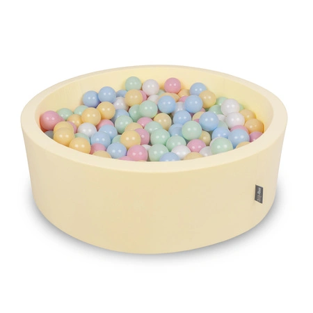 KiddyMoon Suchy basen okrągły z piłeczkami 7cm Zabawka basen piankowy, masełkowy: pastelowy niebieski-pastelowy żółty-biały-mięta-pudrowy róż