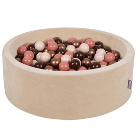 KiddyMoon Suchy basen okrągły VELVET z piłeczkami 7cm Zabawka basen piankowy, beż piasku: brązowy-miedziany-pastelowy beż-łososiowy