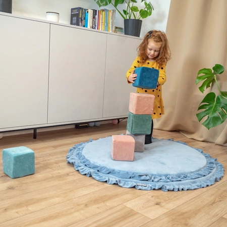 KiddyMoon Miękkie klocki VELVET 14cm Zabawka klocki z pianki, sześciany: turkus laguny-zieleń lasu-róż pustyni-błękit lodu-szarość gór
