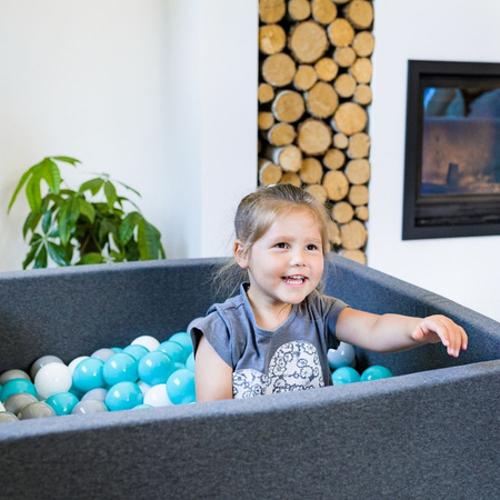 KiddyMoon Suchy basen okrągły z piłeczkami 7cm 120x30 Zabawka basen piankowy, ciemnoszary: szary-biały-turkus