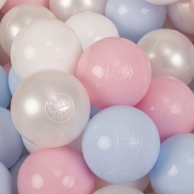KiddyMoon Plastikowe piłeczki 7cm Zabawka zestaw kulek, pastelowy niebieski-perła-pudrowy róż-biały