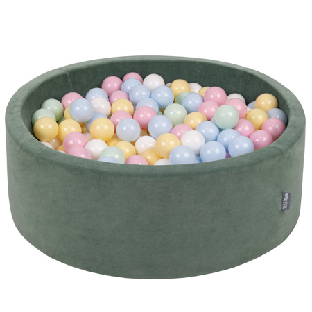 KiddyMoon Suchy basen okrągły VELVET z piłeczkami 7cm Zabawka basen piankowy, zieleń lasu: pastelowy niebieski-pastelowy żółty-biały-mięta-pudrowy róż