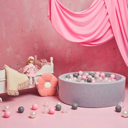 KiddyMoon Suchy basen okrągły z piłeczkami 7cm Zabawka basen piankowy, jasnoszary: perła-szary-transparent-pudrowy róż