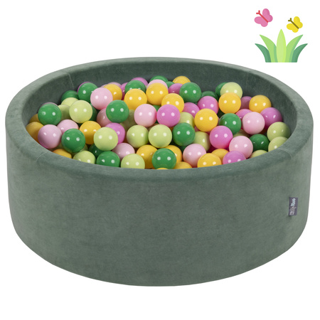 KiddyMoon Suchy basen okrągły VELVET z piłeczkami 7cm Zabawka basen piankowy, zieleń lasu: jasny zielony-zielony-żółty-pudrowy róż-róż