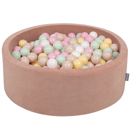 KiddyMoon Suchy basen okrągły VELVET z piłeczkami 7cm Zabawka basen piankowy, róż pustyni: pastelowy beż-pastelowy żółty-biały-mięta-pudrowy róż