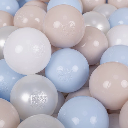 KiddyMoon Plastikowe piłeczki 7cm Zabawka zestaw kulek, pastelowy beż-pastelowy niebieski-biały-perła