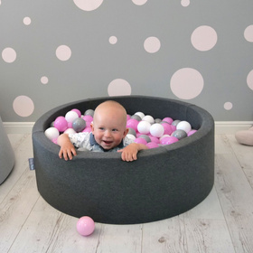 KiddyMoon Suchy basen okrągły z piłeczkami 7cm 90x40 Zabawka basen piankowy, ciemnoszary: szary-biały-róż