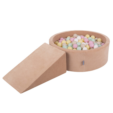 KiddyMoon Piankowy plac zabaw VELVET PPZP-OK30V-112 z piłeczkami Zabawka plac zabaw, róż pustyni: pastelowy beż-pastelowy żółty-biały-mięta-pudrowy róż