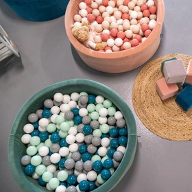KiddyMoon Suchy basen okrągły VELVET z piłeczkami 7cm Zabawka basen piankowy, zieleń lasu: ciemny turkus-szary-biały-mięta