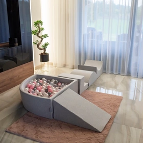 KiddyMoon Suchy basen trójkątny z piłeczkami 7cm Zabawka basen piankowy, jasnoszary: perła-szary-transparent-pudrowy róż