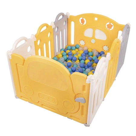 Kojec plastikowy KS-200X z piłeczkami Zabawka boks, biało-żółty: turkus-niebieski-żółty-transparent