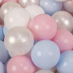 KiddyMoon Plastikowe piłeczki 7cm Zabawka zestaw kulek, pastelowy niebieski-perła-pudrowy róż-biały