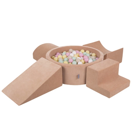 KiddyMoon Piankowy plac zabaw VELVET PPZP-OK30V-115 z piłeczkami Zabawka plac zabaw, róż pustyni: pastelowy beż-pastelowy żółty-biały-mięta-pudrowy róż