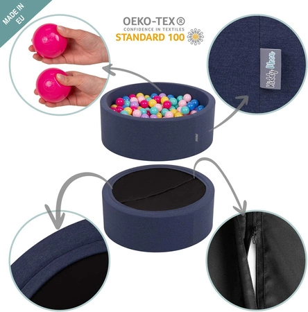 KiddyMoon Suchy basen okrągły z piłeczkami 7cm 120x30 Zabawka basen piankowy, granatowy: jasny zielony-żółty-turkus-pomarańcz-ciemny róż-fiolet