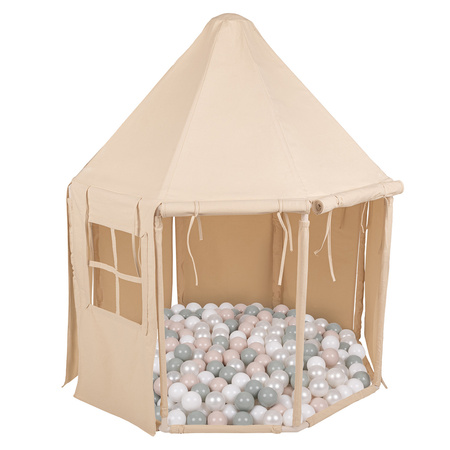 KiddyMoon Namiot dla dzieci NK-002 z piłeczkami 7cm Zabawka namiot dla dzieci, natural: biały-perła-pastelowy beż-zielonoszary