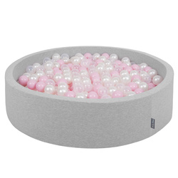 KiddyMoon Suchy basen okrągły z piłeczkami 7cm 120x30 Zabawka basen piankowy, jasnoszary: pudrowy róż-perła-transparent