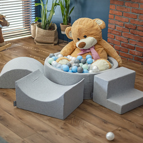 KiddyMoon Suchy basen trójkątny z piłeczkami 7cm Zabawka basen piankowy, jasnoszary: perła-szary-transparent-babyblue-mięta