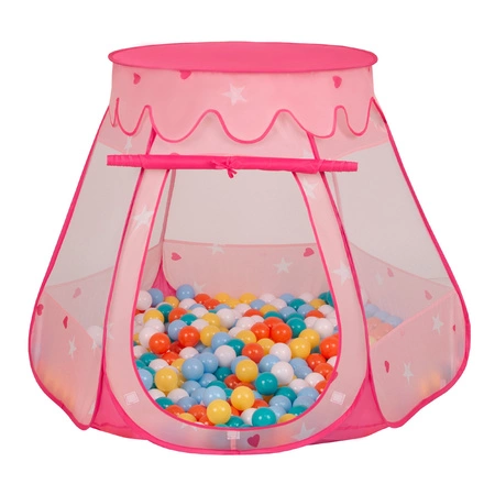 Namiot zamek NZ-100X z piłeczkami 6cm Zabawka namiot dla dzieci, różowy: biały-żółty-pomarańcz-babyblue-turkus