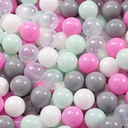 KiddyMoon Suchy basen okrągły z piłeczkami 7cm Zabawka basen piankowy, jasnoszary: transparent-szary-biały-róż-mięta