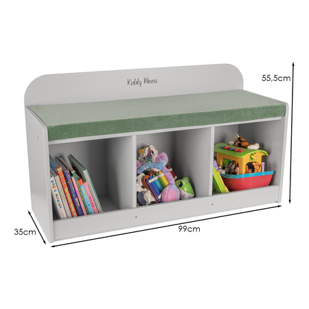 KiddyMoon Ławka z materacem BN-001 Mebel z półkami, szary/zieleń lasu