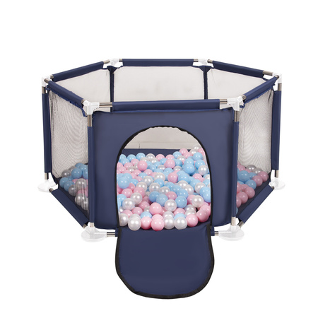 Sześciokąt składany KS-100X z piłeczkami 6cm Zabawka kojec, niebieski: babyblue-pudrowy róż-perła