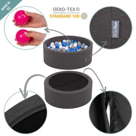 KiddyMoon Suchy basen okrągły z piłeczkami 7cm Zabawka basen piankowy, ciemnoszary: perła-szary-transparent-babyblue-mięta
