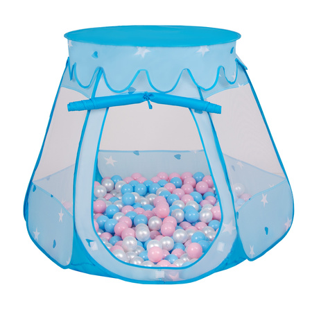 Namiot zamek NZ-100X z piłeczkami 6cm Zabawka namiot dla dzieci, niebieski: babyblue-pudrowy róż-perła
