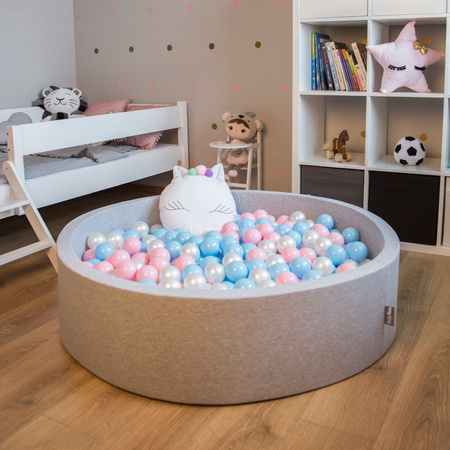 KiddyMoon Suchy basen kwadratowy z piłeczkami 7cm 120x30 Zabawka basen piankowy, jasnoszary: babyblue-pudrowy róż-perła