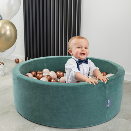KiddyMoon Suchy basen okrągły VELVET z piłeczkami 7cm Zabawka basen piankowy, zieleń lasu: jasny zielony-zielony-żółty-pudrowy róż-róż
