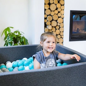KiddyMoon Suchy basen okrągły z piłeczkami 7cm 120x30 Zabawka basen piankowy, ciemnoszary: szary-biały-turkus