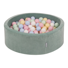 KiddyMoon Suchy basen okrągły STRIPES z piłeczkami 7 cm Zabawka basen piankowy, zielony: pastelowy niebieski-pastelowy żółty-biały-mięta-pudrowy róż