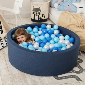 KiddyMoon Suchy basen okrągły z piłeczkami 7cm Zabawka basen piankowy, granatowy: babyblue-niebieski-perła