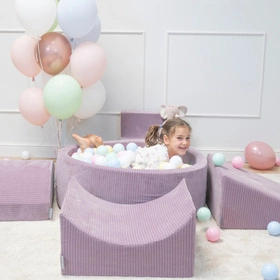 KiddyMoon Suchy basen okrągły STRIPES z piłeczkami 7 cm Zabawka basen piankowy, fioletowy: pastelowy niebieski-pastelowy żółty-biały-mięta-pudrowy róż