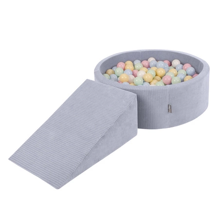 KiddyMoon Piankowy plac zabaw STRIPES PPZP-OK30VS-112 z piłeczkami Zabawka plac zabaw, ciemnoszary: pastelowy niebieski-pastelowy żółty-biały-mięta-pudrowy róż