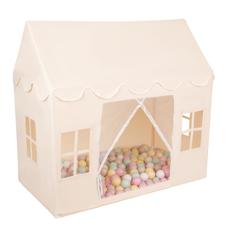 KiddyMoon Domek dla dzieci PH-001 z piłeczkami 7cm Zabawka namiot dla dzieci, natural: pastelowy beż-pastelowy żółty-biały-mięta-pudrowy róż