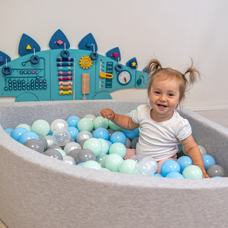 KiddyMoon Suchy basen trójkątny z piłeczkami 7cm Zabawka basen piankowy, jasnoszary: perła-szary-transparent-babyblue-mięta