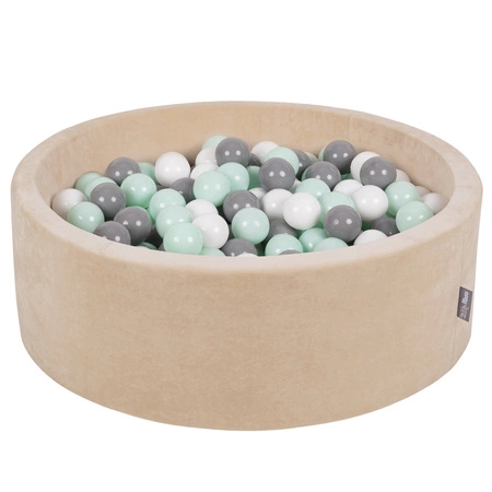 KiddyMoon Suchy basen okrągły VELVET z piłeczkami 7cm Zabawka basen piankowy, beż piasku: biały-szary-mięta