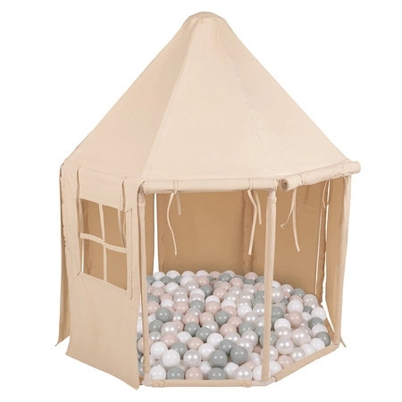 KiddyMoon Namiot dla dzieci NK-002 z piłeczkami 7cm Zabawka namiot dla dzieci, natural: biały-perła-pastelowy beż-zielonoszary