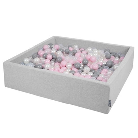 KiddyMoon Suchy basen kwadratowy z piłeczkami 7cm 120x30 Zabawka basen piankowy, jasnoszary: perła-szary-transparent-pudrowy róż