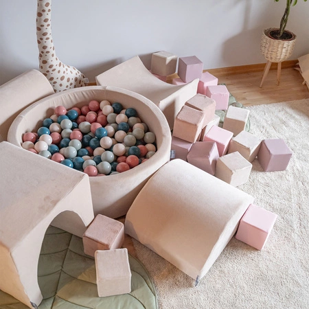 KiddyMoon Suchy basen okrągły VELVET z piłeczkami 7cm Zabawka basen piankowy, beż piasku: ciemny turkus-pastelowy beż-zielonoszary-łososiowy