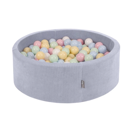 KiddyMoon Suchy basen okrągły STRIPES z piłeczkami 7 cm Zabawka basen piankowy, ciemnoszary: pastelowy niebieski-pastelowy żółty-biały-mięta-pudrowy róż