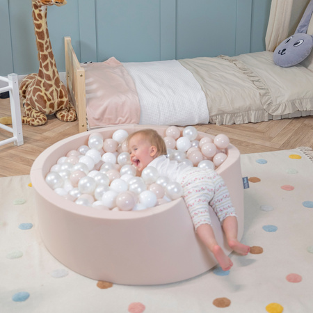 KiddyMoon Suchy basen okrągły z piłeczkami 7cm Zabawka basen piankowy, beżowy: pastelowy beż-biały-perła