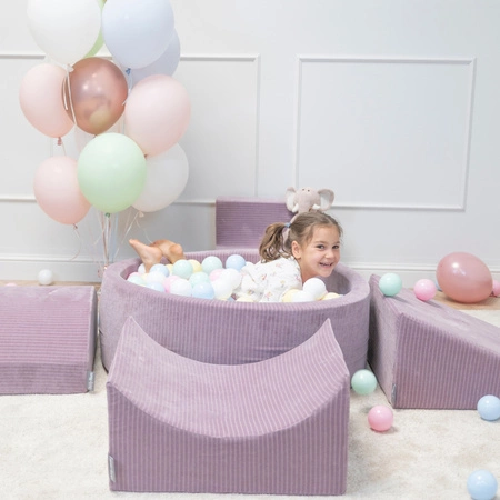 KiddyMoon Suchy basen okrągły STRIPES z piłeczkami 7 cm Zabawka basen piankowy, fioletowy: pastelowy niebieski-pastelowy żółty-biały-mięta-pudrowy róż